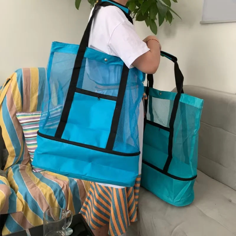LUSQI Insulated Beach Bag For Women Large Waterproof Tote With Mesh & Transparent Double-Layer For Swimming Picnic Shopping