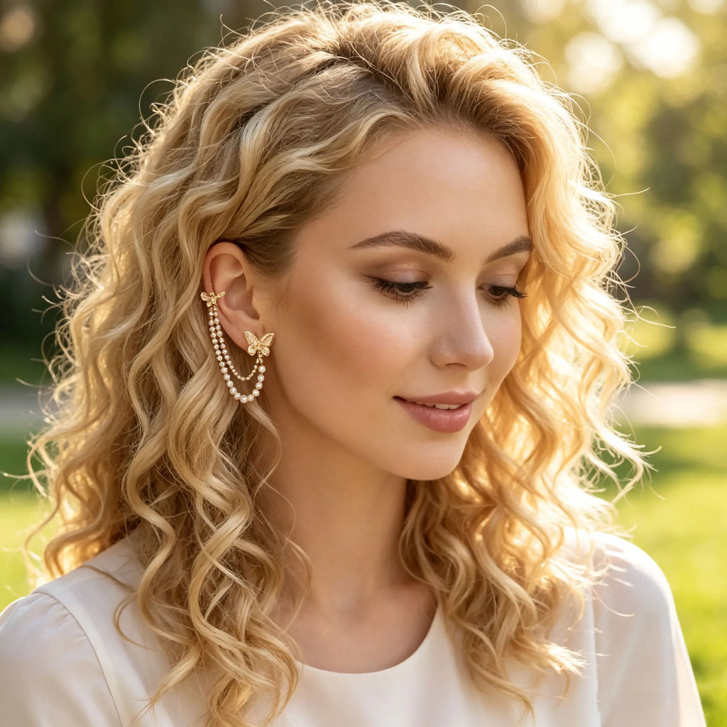 Aesthetic Gold Color Zircon Butterfly Chain Earrings Dainty Double Layer Pearl
