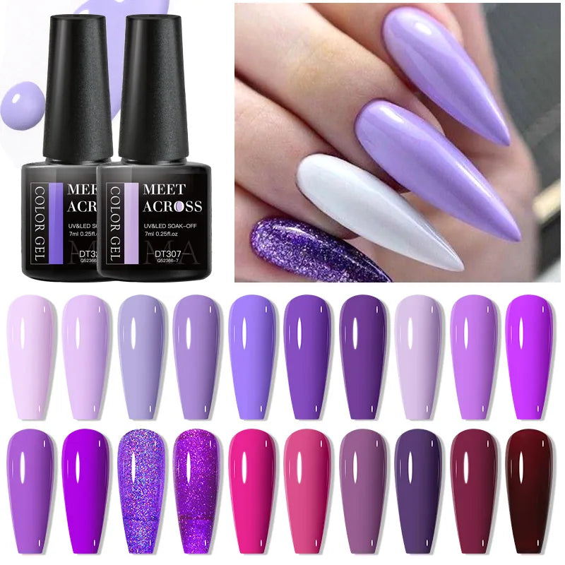 MEET ACROSS 7ml Purple Nail Gel Polish Semi Permanent Nail Art For Nails Decoration