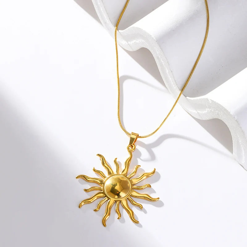GANEMLY 316l Stainless Steel Metallic Gold Color Sun Pendant Necklace Women Chic Romantic Waterproof Neck Chain Jewelry Gift