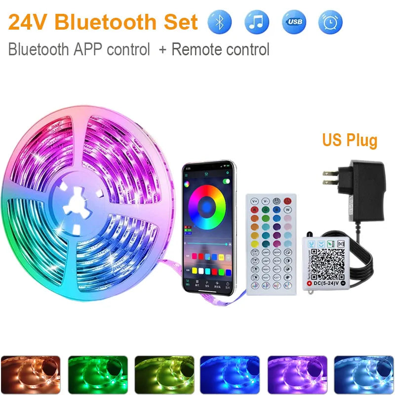 5V/24V RGB LED Strip Lights Bluetooth APP Controls Music SYNC TV Backlight Atmosphere Light Strip 5-30M Lamp Tape for Room Decor