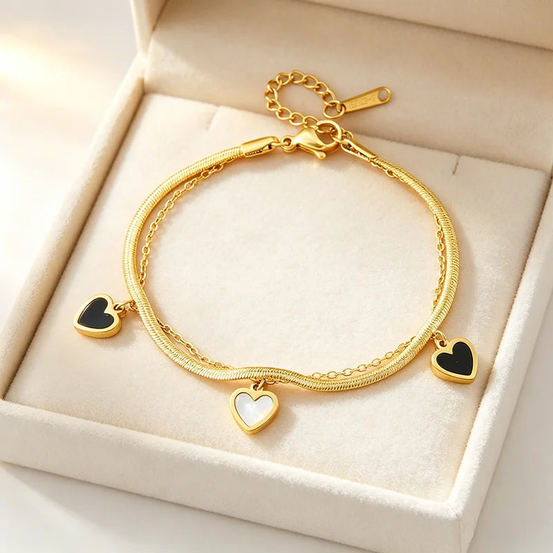 Double Layer Snake Chain Heart Charm Bracelet for Women, Waterproof Hypoallergenic