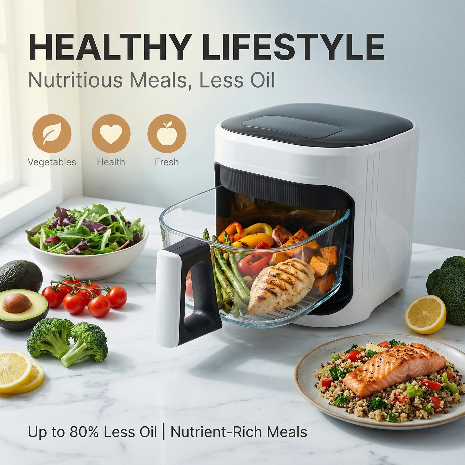 Podofo 1350W Air Fryer 5L with Touch Control Adjustable Temperature Up to 200°C Oil-free Cooking 7 Preset Menus for 3-5 People