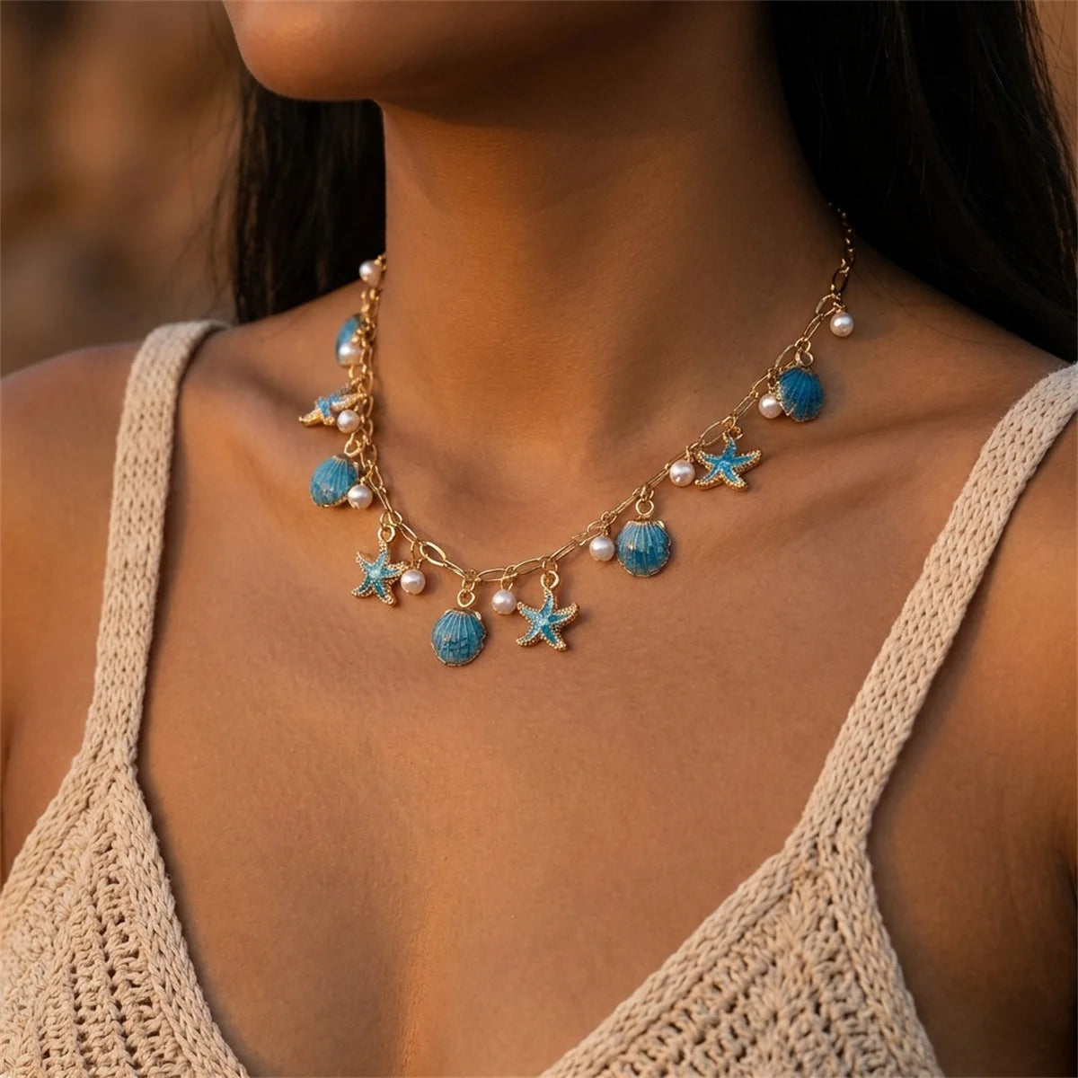 Boho Starfish Scallop Conch Pendant Necklace for Women Elegant Shell Pearl Tassel Metal Chain Choker Summer Beach Party Jewelry