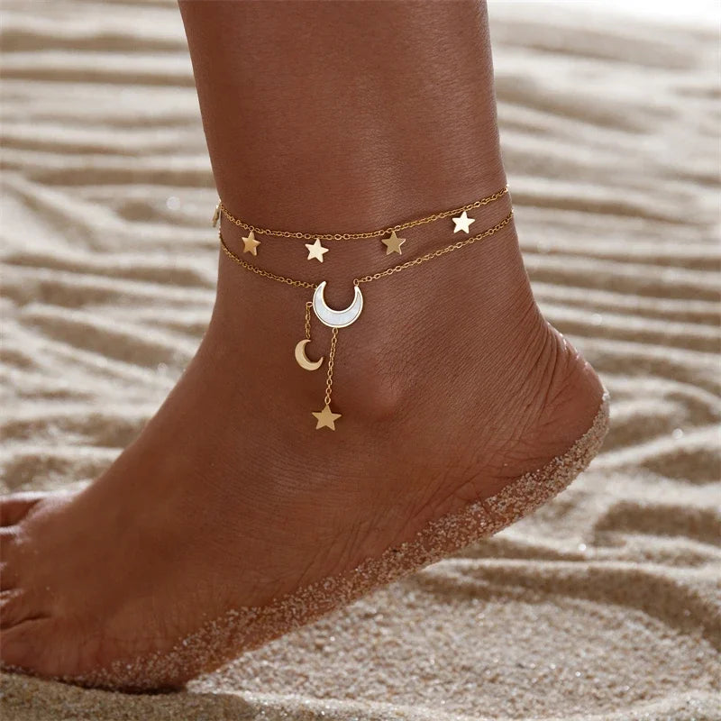 Stainless Steel 2025 New Fashion Jewelry Summer Beach Style Seashells Stars Moon Charm Beading Anklets Chain For Women