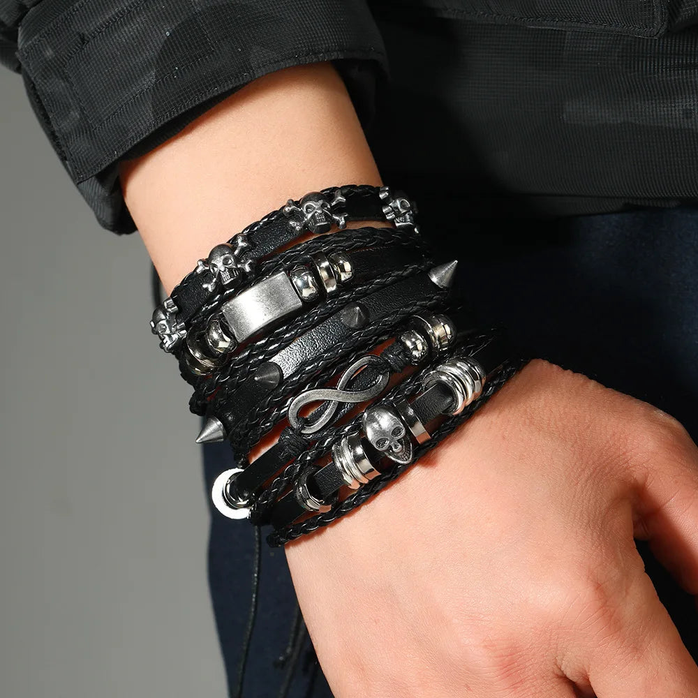 Fashion Bracelet Viking  Bracelet For Men Hand Bracelets Woven Skull Hand Jewelry Adjustable Leather Set viking man bracelet