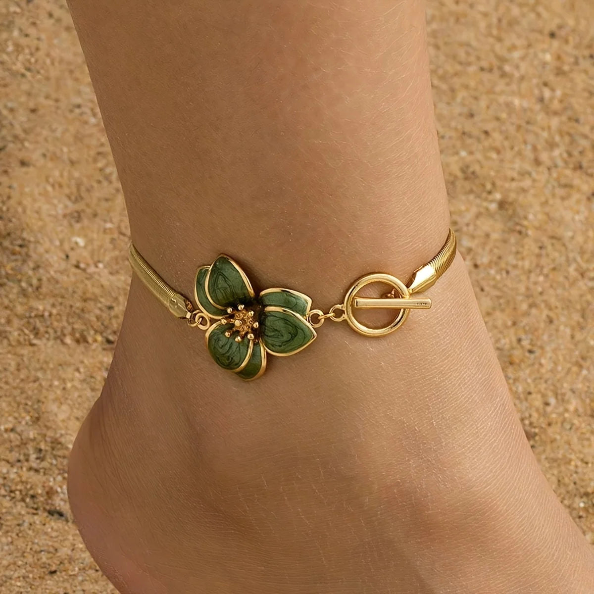 Elegant Enamel Flower OT Buckle Charm Anklets for Women White Green Cherry Blossom Anklet Leg Bracelet Summer Beach Foot Jewelry