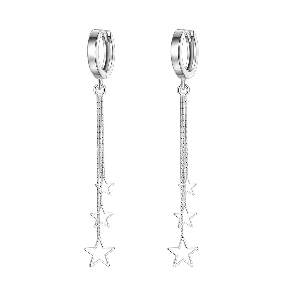 925 Sterling Silver Earrings Long Three Star Earrings