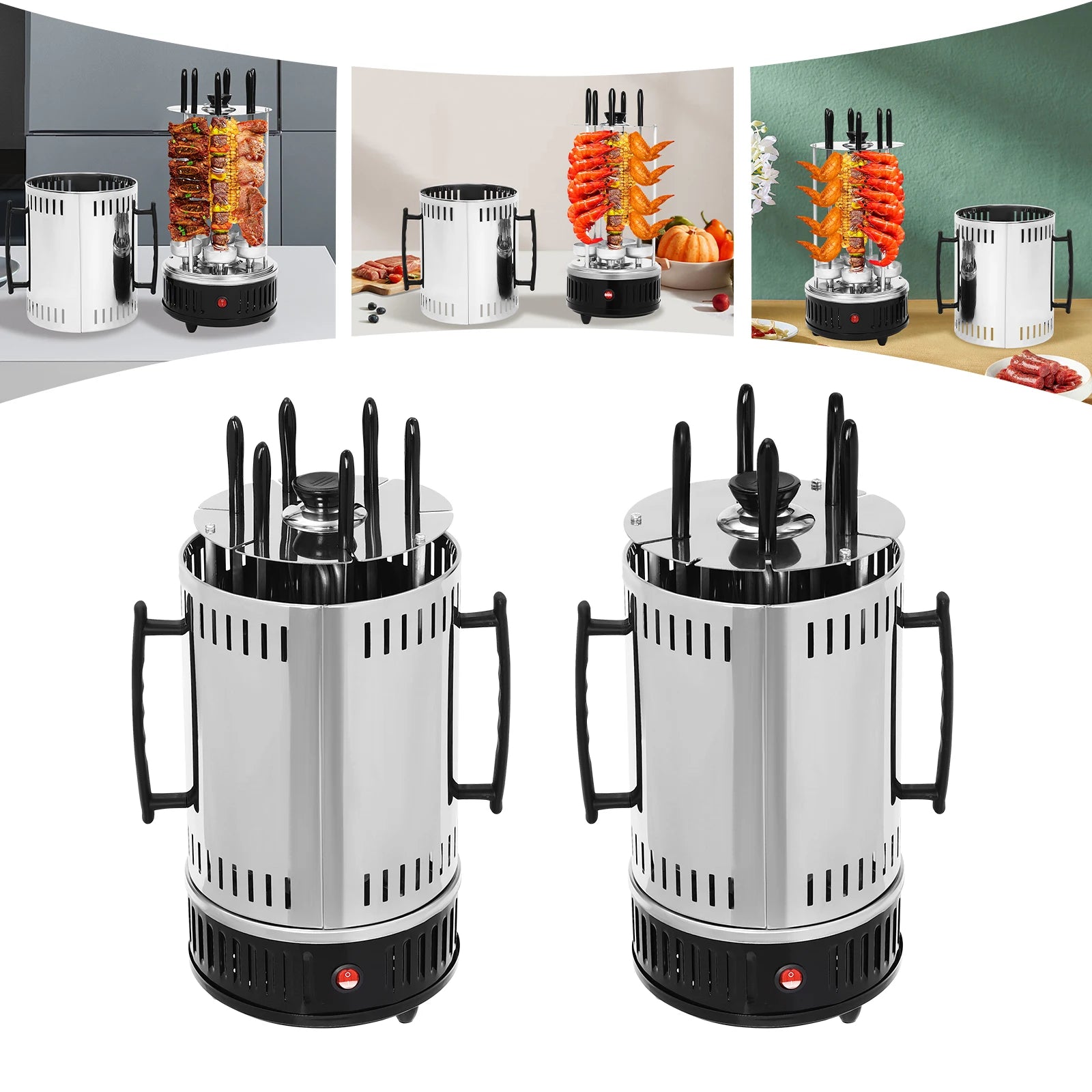 1000W Vertical Electric Grill 5/6 Skewer Stainless Steel Auto Rotating Kebab Machine with Oil Drip Pan for Kebobs Shawarma BBQ