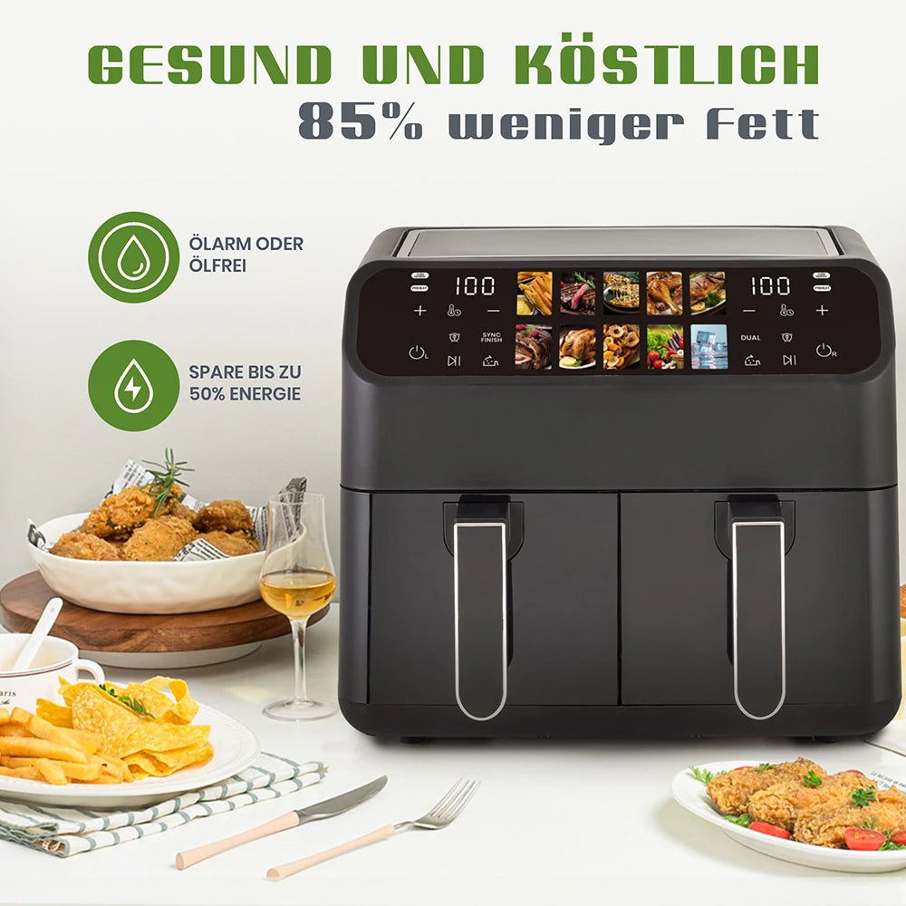 Sinaopus Hot Air Fryers 9L Dual Basket – Oilless Cooker with LED Touch Control & Visible Window, Family Smart Air Fryer Oven Machine, Large Capacity for Home Use