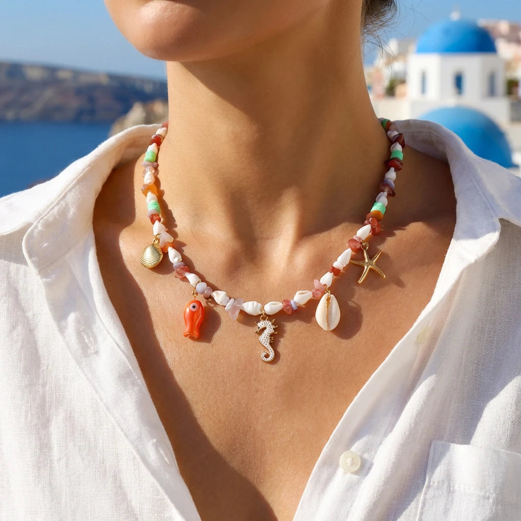 Boho Starfish Scallop Conch Pendant Necklace for Women Elegant Shell Pearl Tassel Metal Chain Choker Summer Beach Party Jewelry