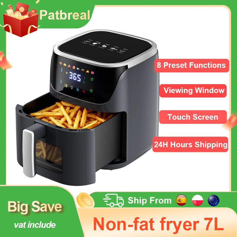 Oil-Free Air Fryer 7L 1500W Max 200 ° C Airfryer Oven with Viewing Window Led Touch Screen 8 Preset Functions + Keep Warm