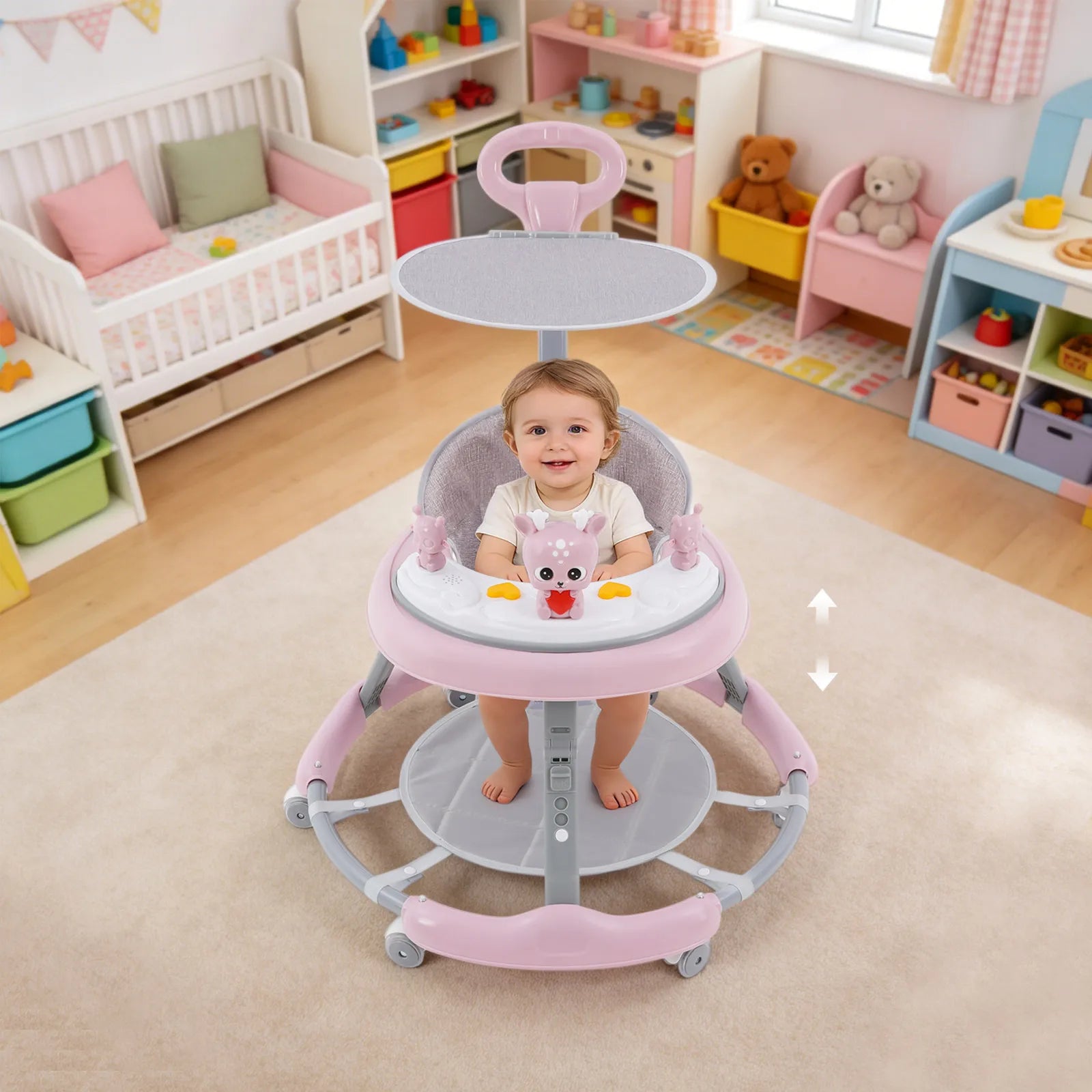 Foldable Baby Walker 7 Height Adjustable Musical Activity Walker with Wheels & Sunshade for 6-18 Months