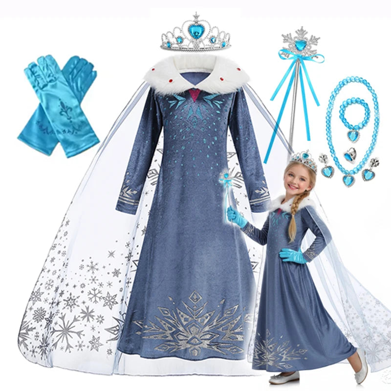 Elsa Princess Dress for Girls Birthday Party Carnival Costume Kids Cosplay Snow Queen Evening Long Sleeve 2026 Winter Clothes