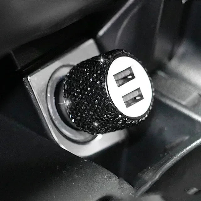USB Car Charger Pink Crystal Diamond 5V 2.1A Dual Port Fast Charging Adapter 3 in 1 Cable for IPhone Samsung Huawei