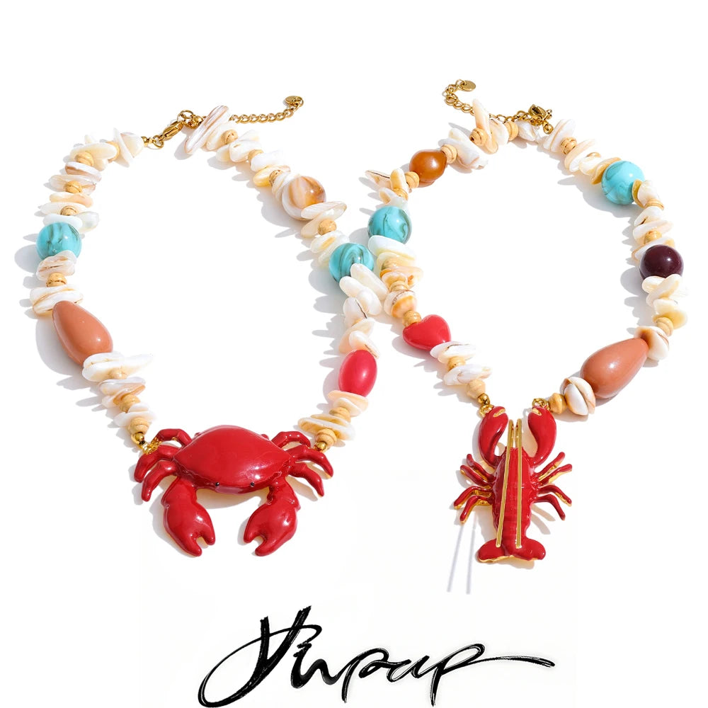 Yhpup Ocean Style Crayfish Crab Pendant Necklace for Women Shell Acrylic Resin Chain Handmade Jewelry