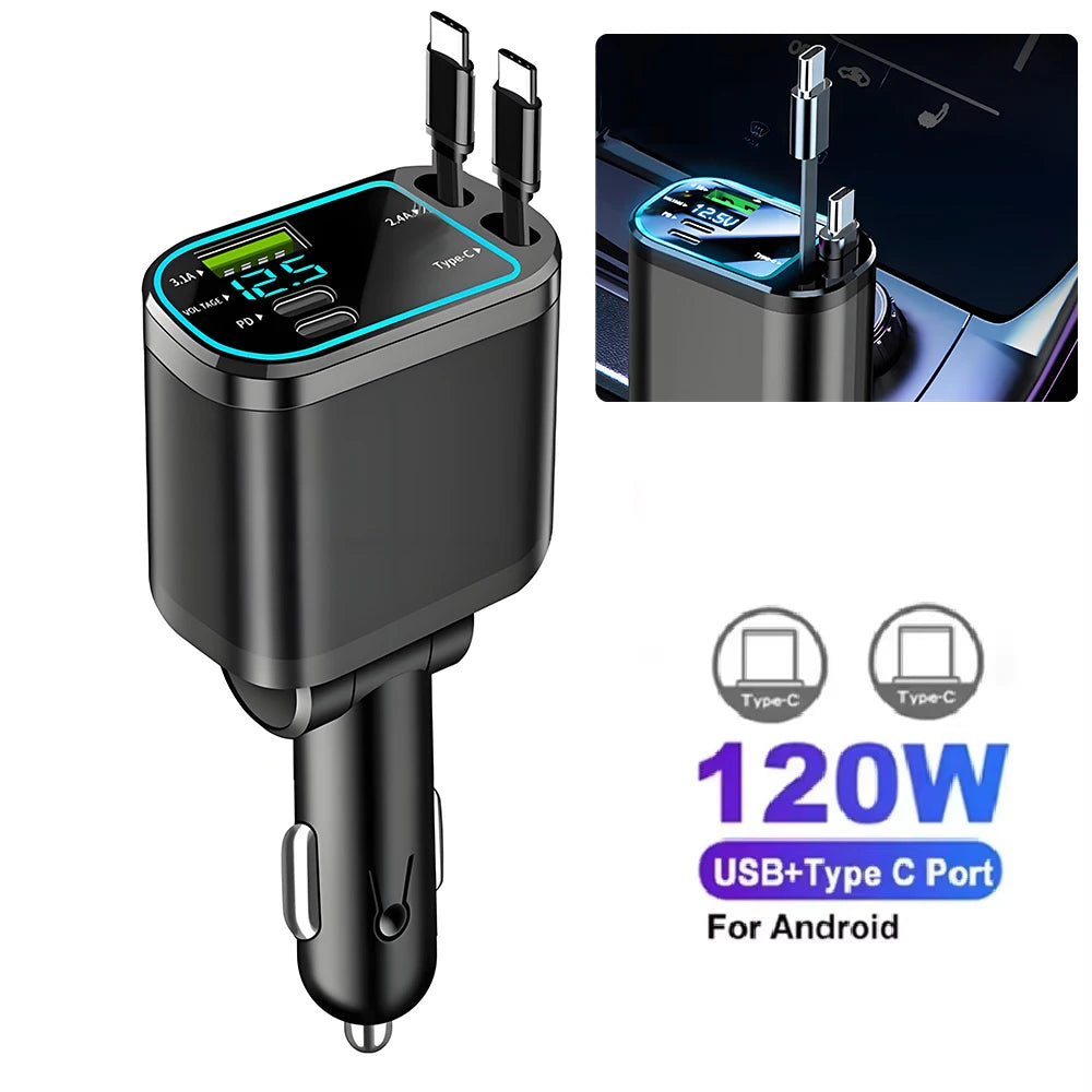 5 In 1 Car Charger 66W Max with Retractable Cable PD30W+2.4A