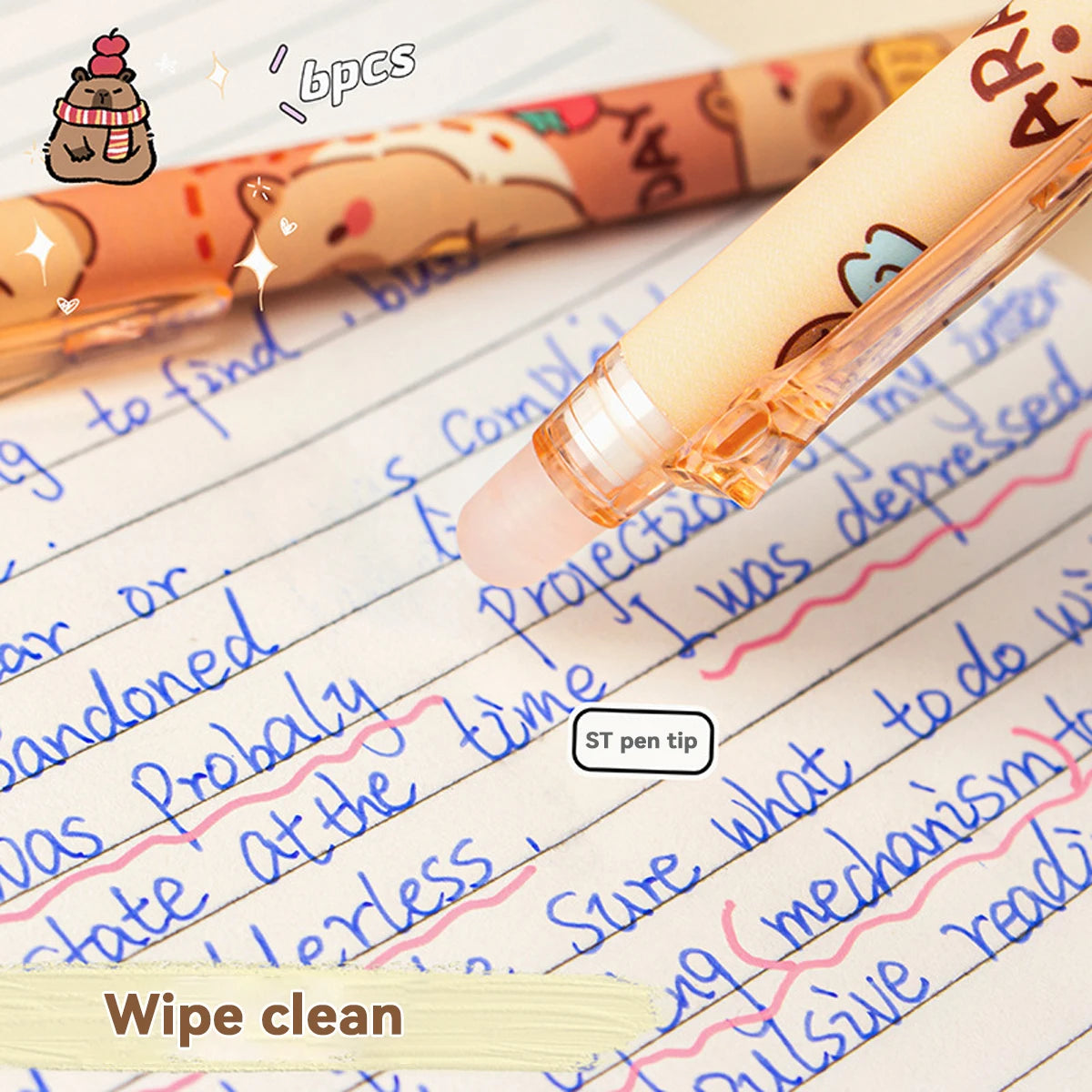Capybara Erasable Pens 6pcs Refillable Ink Gel