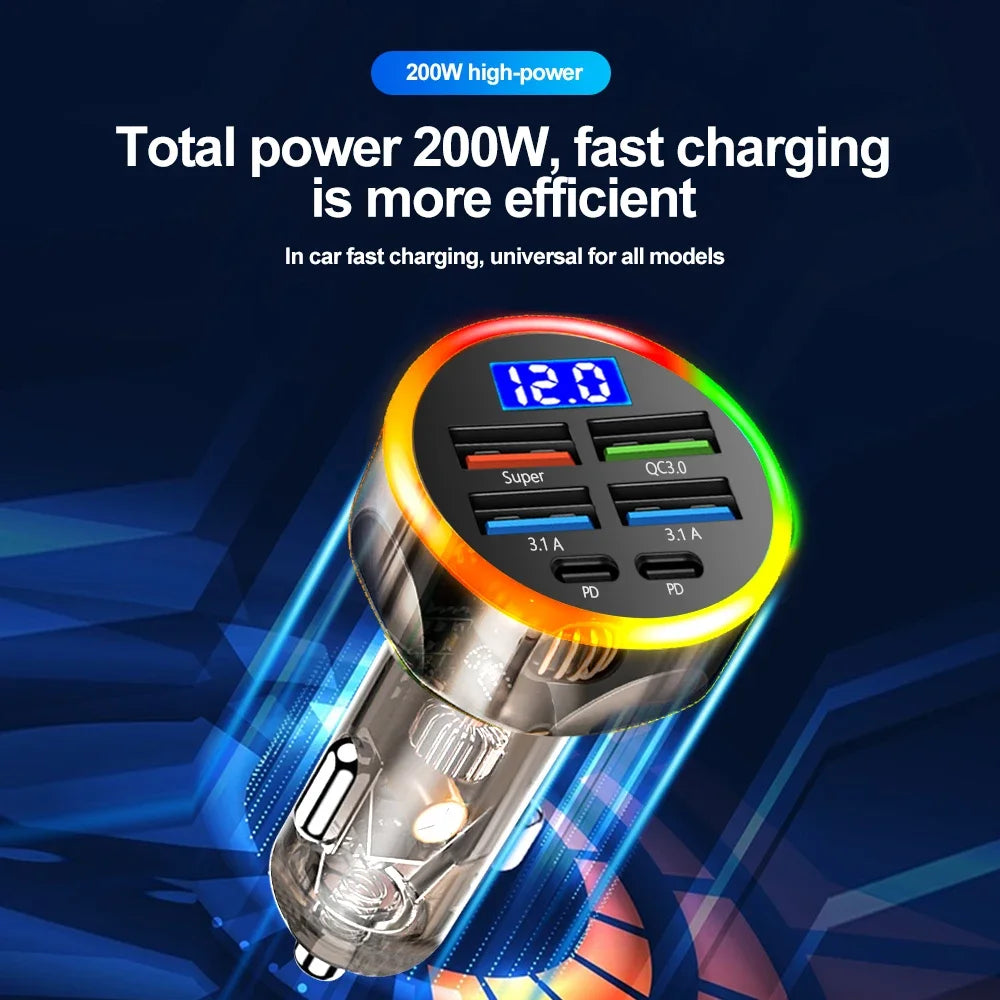200W Car Charger QC3.0 Type-C Quick Charge Transparent Case PD