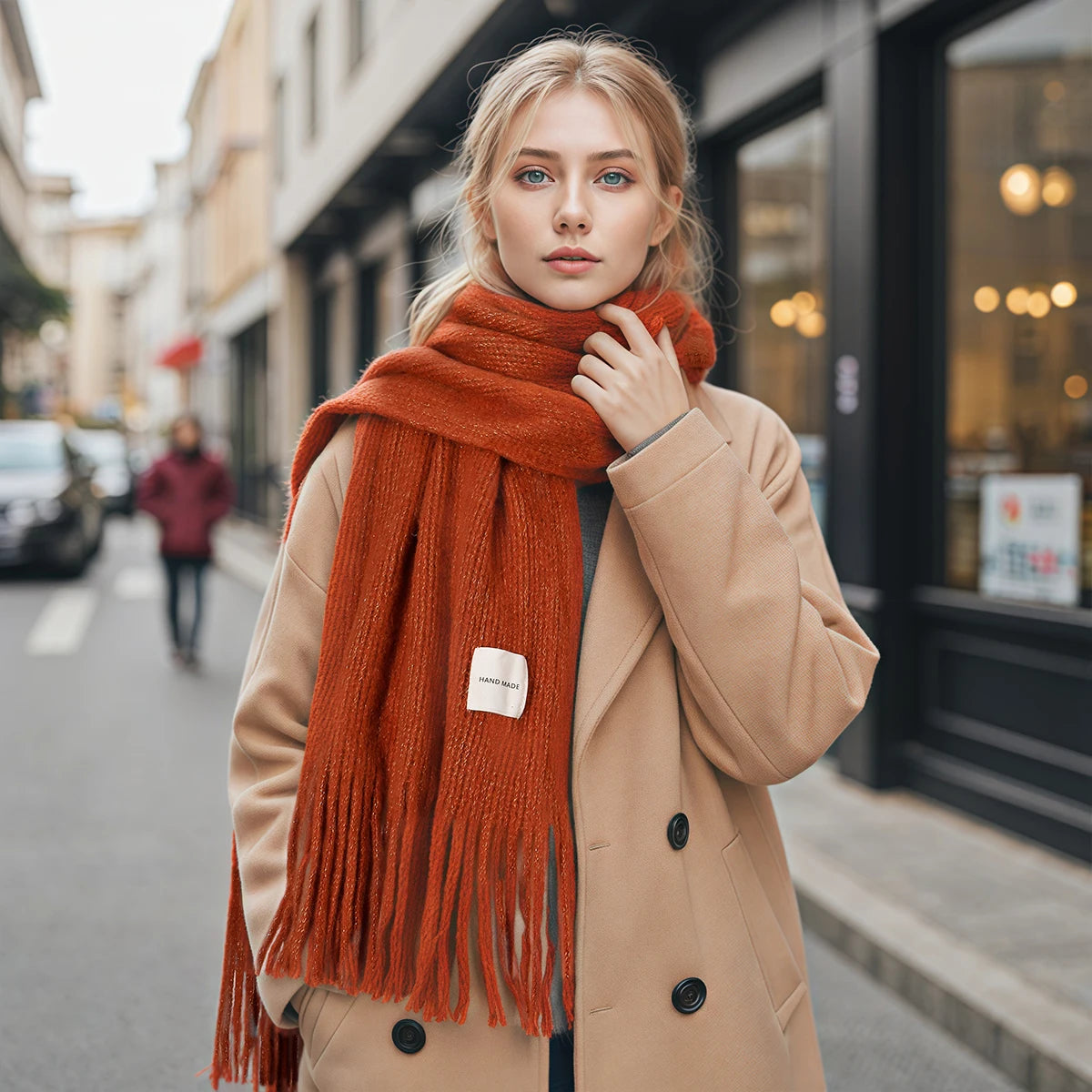 Women Solid Color Knitted Tassel Scarf