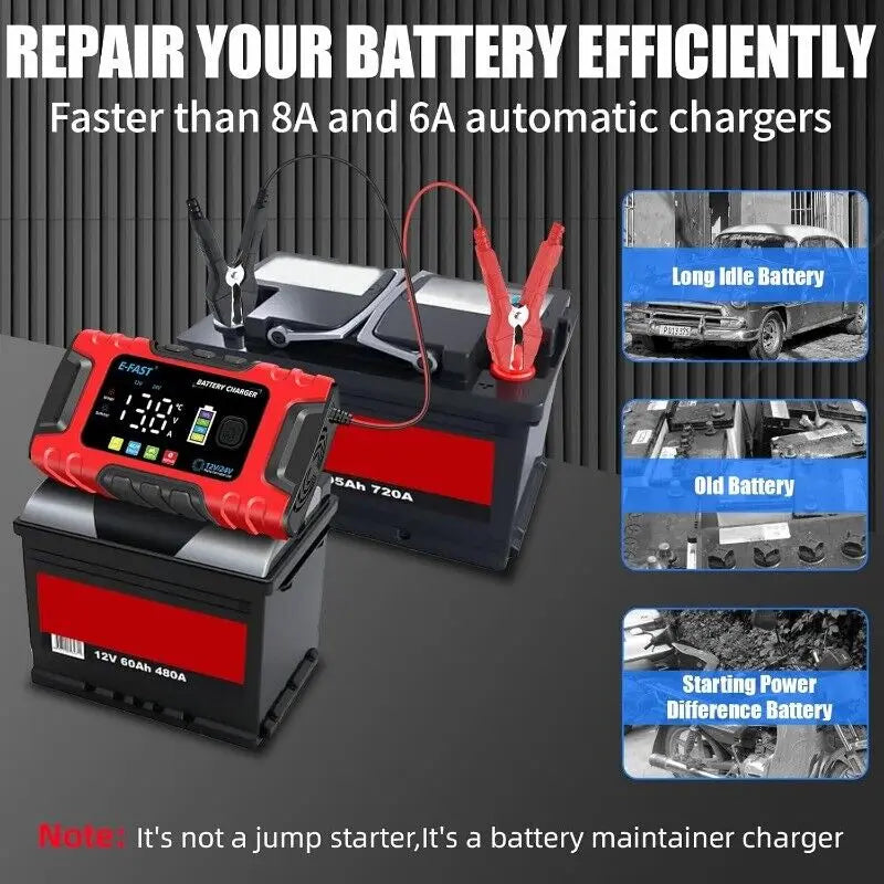 12V/24V 10A Car Battery Charger Smart Maintainer for Truck Boat AGM Lifepo4 Moto