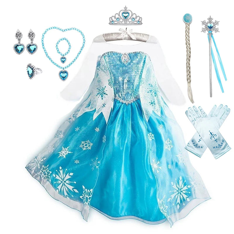 Girls Ice Snow Princess Cosplay Dress with Long Cloak