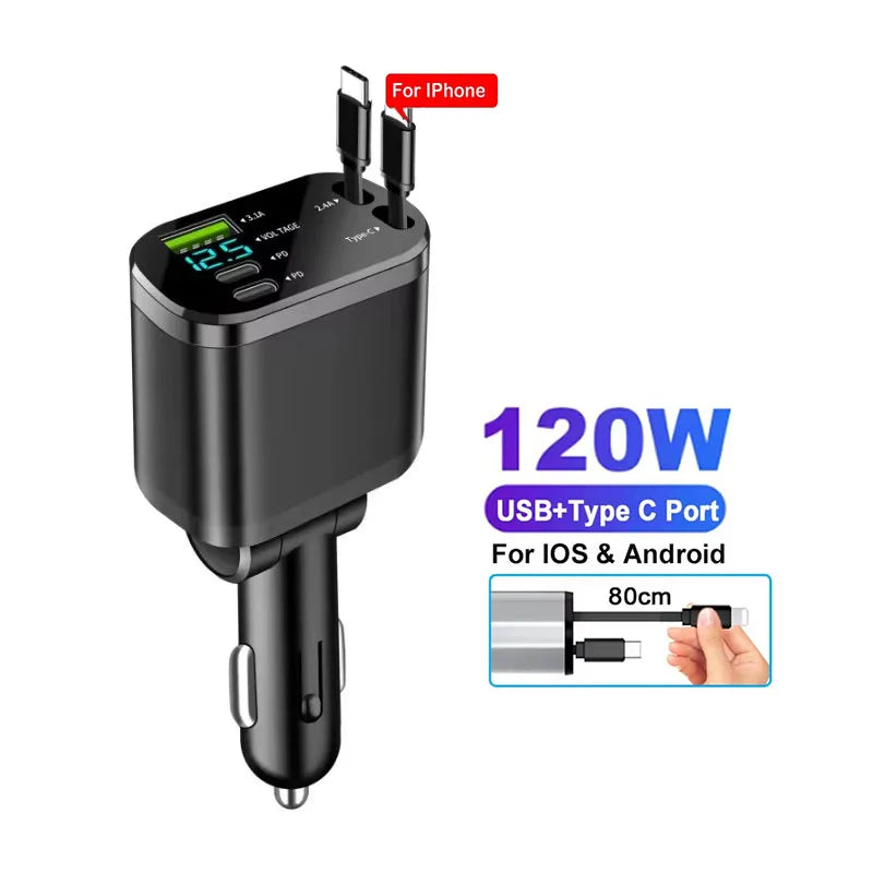 4 IN 1 Car Phone Charger 120W Type C 66W+2.4A Charging Cable with Retractable Cords with Volt Display For IPhone Huawei Samsung