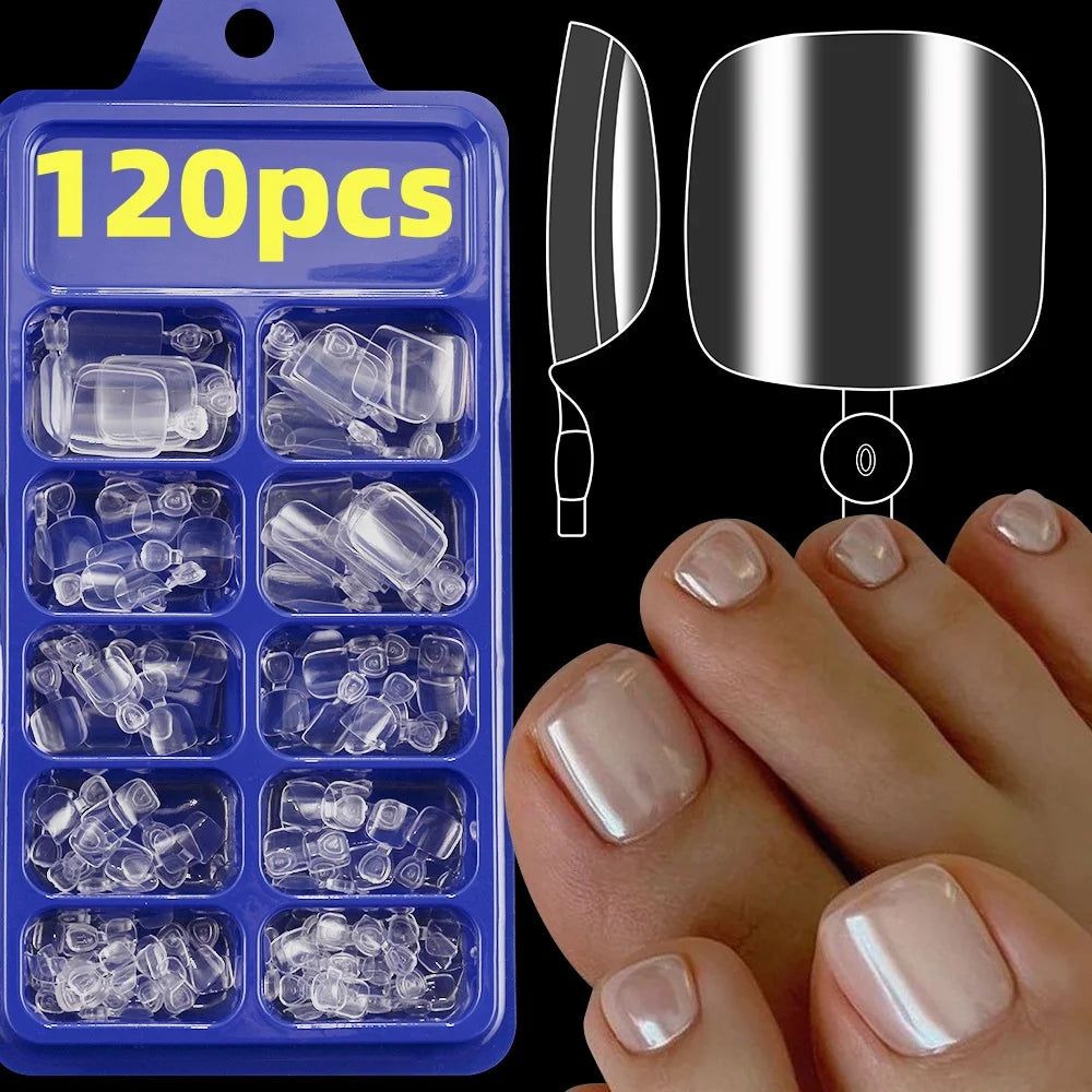 120pcs/Box French Tip Press-On Toenails Pink Color System Square Shape Foot Nails Short Length Glossy Finish False Toe Nails Set