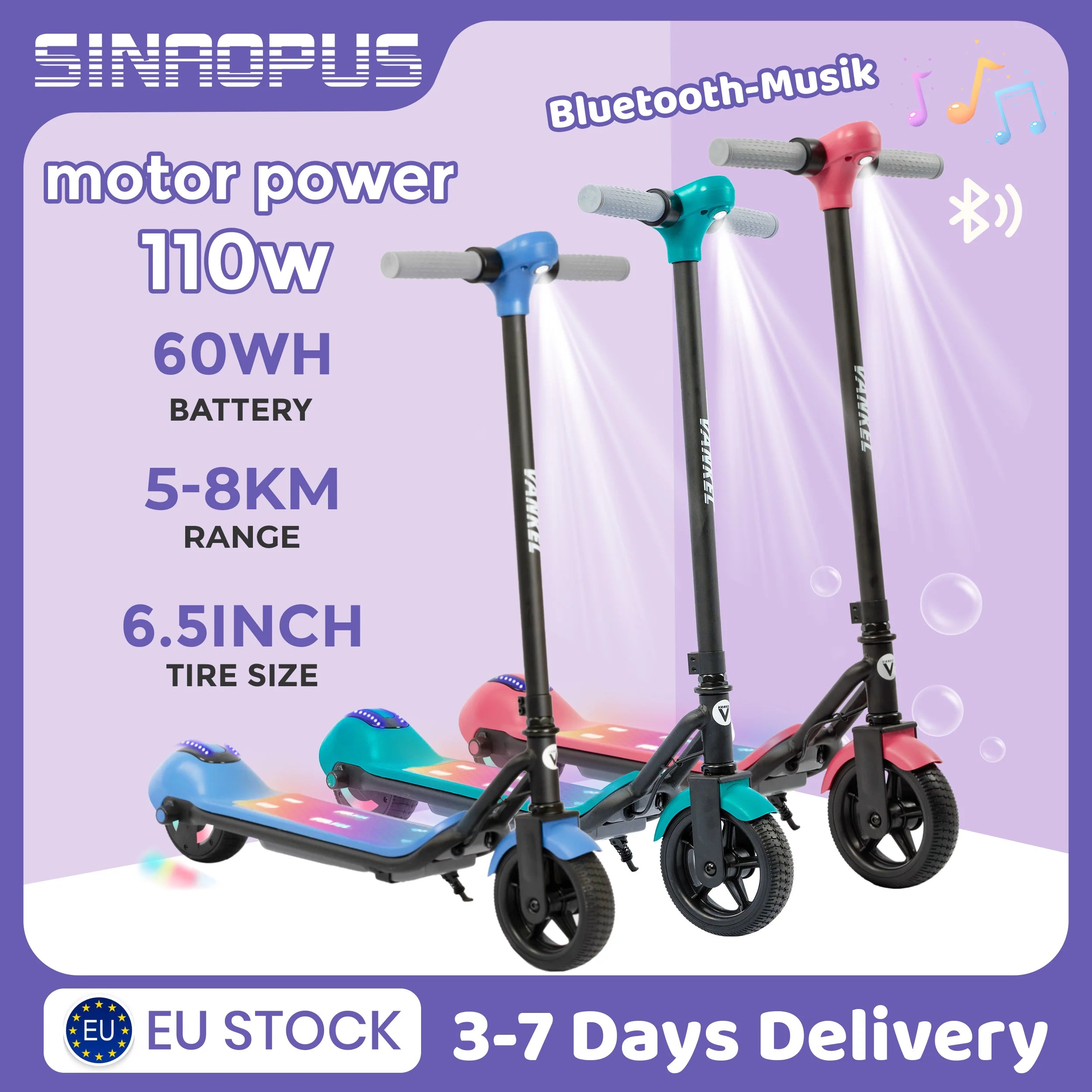 Sinaopus Electric Scooter for Kids Ages 6-12, 6.5 inch Children E-scooter with Blutooth Music Max Speed 14km/h  Electric Car