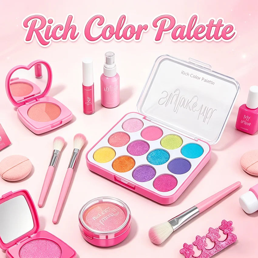 Girl’s pretend home make-up set: faux manicure, lip color, eye shadow, non-washable princess-themed cosmetics and toys.