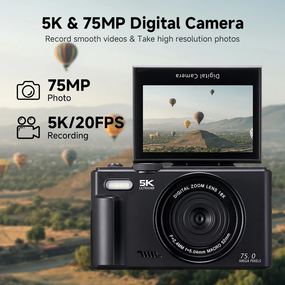 75MP Digital Camera 180° Flip Screen For Photography 5K 18X Digital Zoom