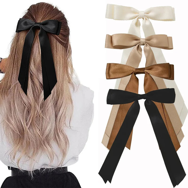 2/4Pcs Women Fashion Bilayer Bow Hair Clips, Soft Long-Tailed Bow Hairpins