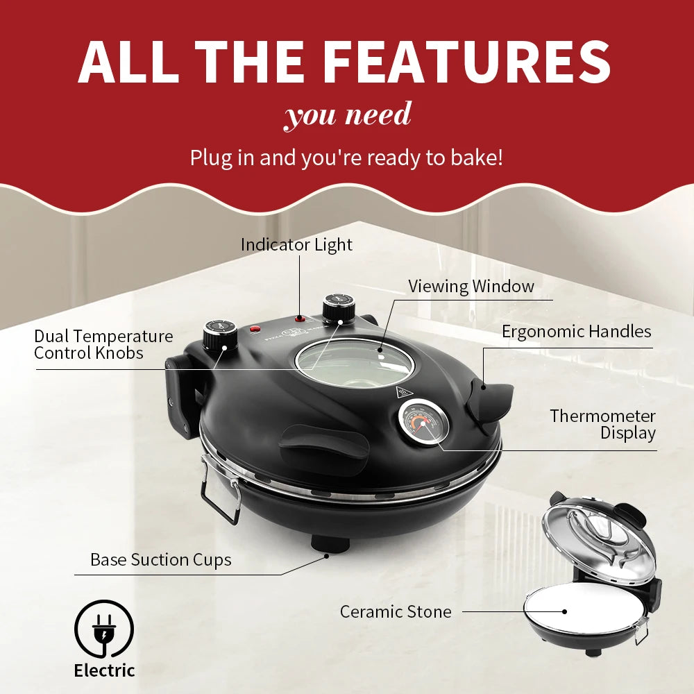 Klaif Electric Pizza Maker 420℃ 1200W 5 Separate Dual Temperature Levels Flame Resistant Stone Plate 12inch Pizza Oven 10Minute