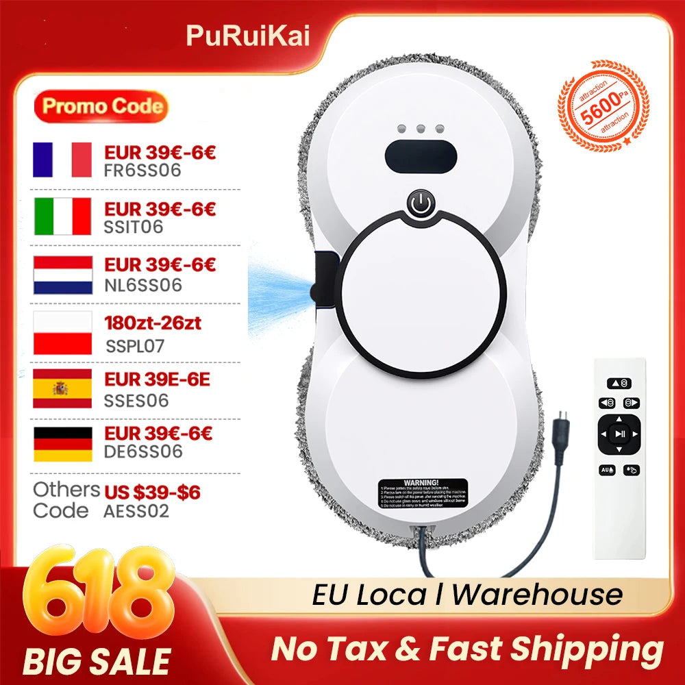 PuRuiKai Robot Window Cleaner, 5600Pa Window Cleaner Robot, Remote Control, 3 Cleaning Modes, Intelligent Edge Monitoring
