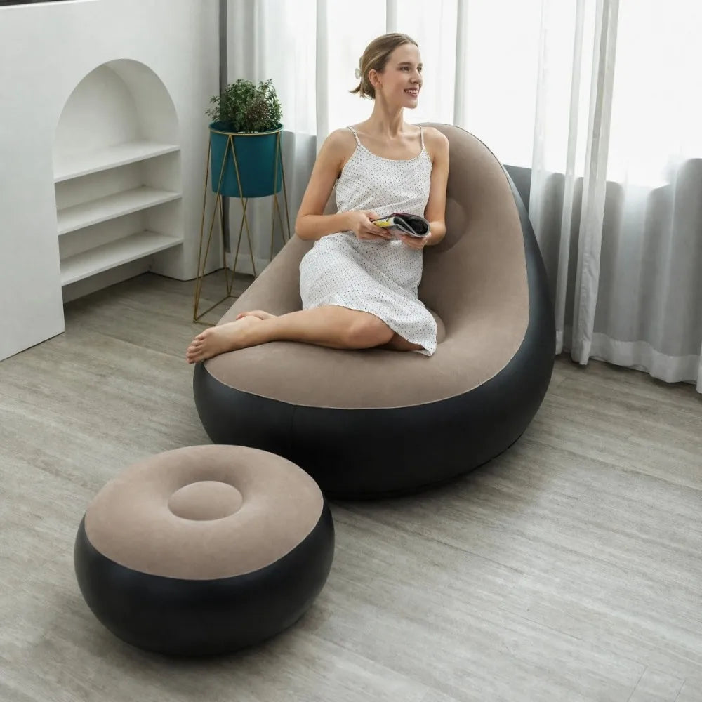 Inflatable Lazy Sofa + Footrest Set, Thickened Flocked Foldable Recliner, Portable Indoor/Outdoor Camping Lounge Chair for Home