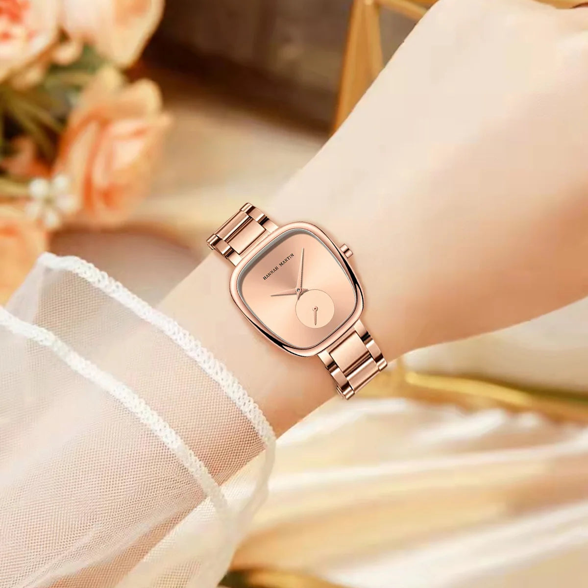 1 Set Women Watch Stainless Steel Strap Rose Gold Oval Timing Clock Quartz Movement Simple