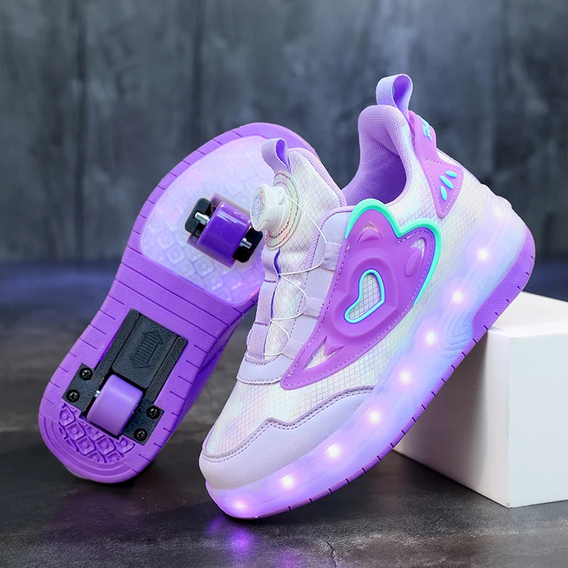 Children Two Girls Wheels Luminous Glowing Sneakers