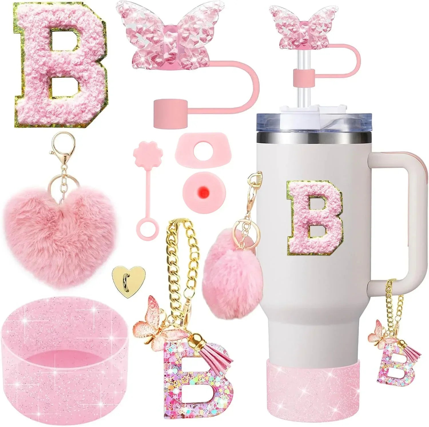 9PCS Accessory Set for Stanley Cup 30oz 40oz Butterfly Straw Cover Cap Silicone Boot Charm Initials Sticker Spill Proof Stopper