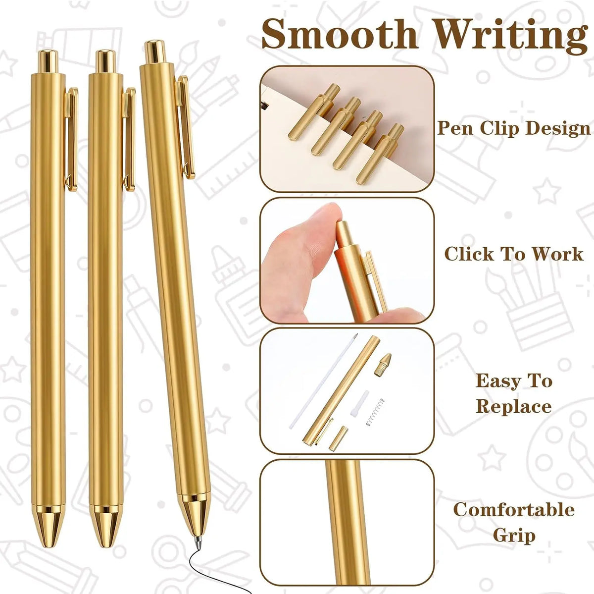 Gold Slim Ballpoint Pens Bulk Retractable Black Ink 1 mm