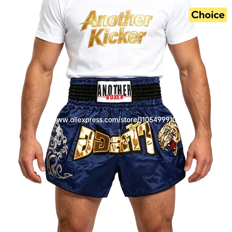 Tiger Muay Thai Shorts Embroidery Boxing Shorts Satin Kickboxing Fight Wear Men Women Kids MMA Training Competition Pants Blue