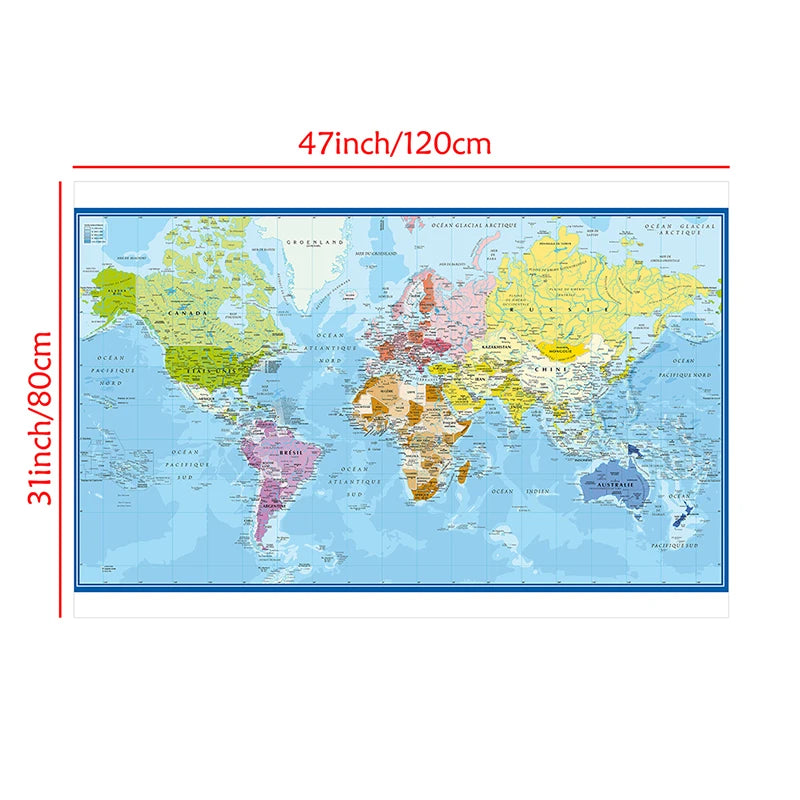 Wall Poster Map of The World French Language Polyester Vinyl Painting Office School Supplies Home Decoration Carte Monde