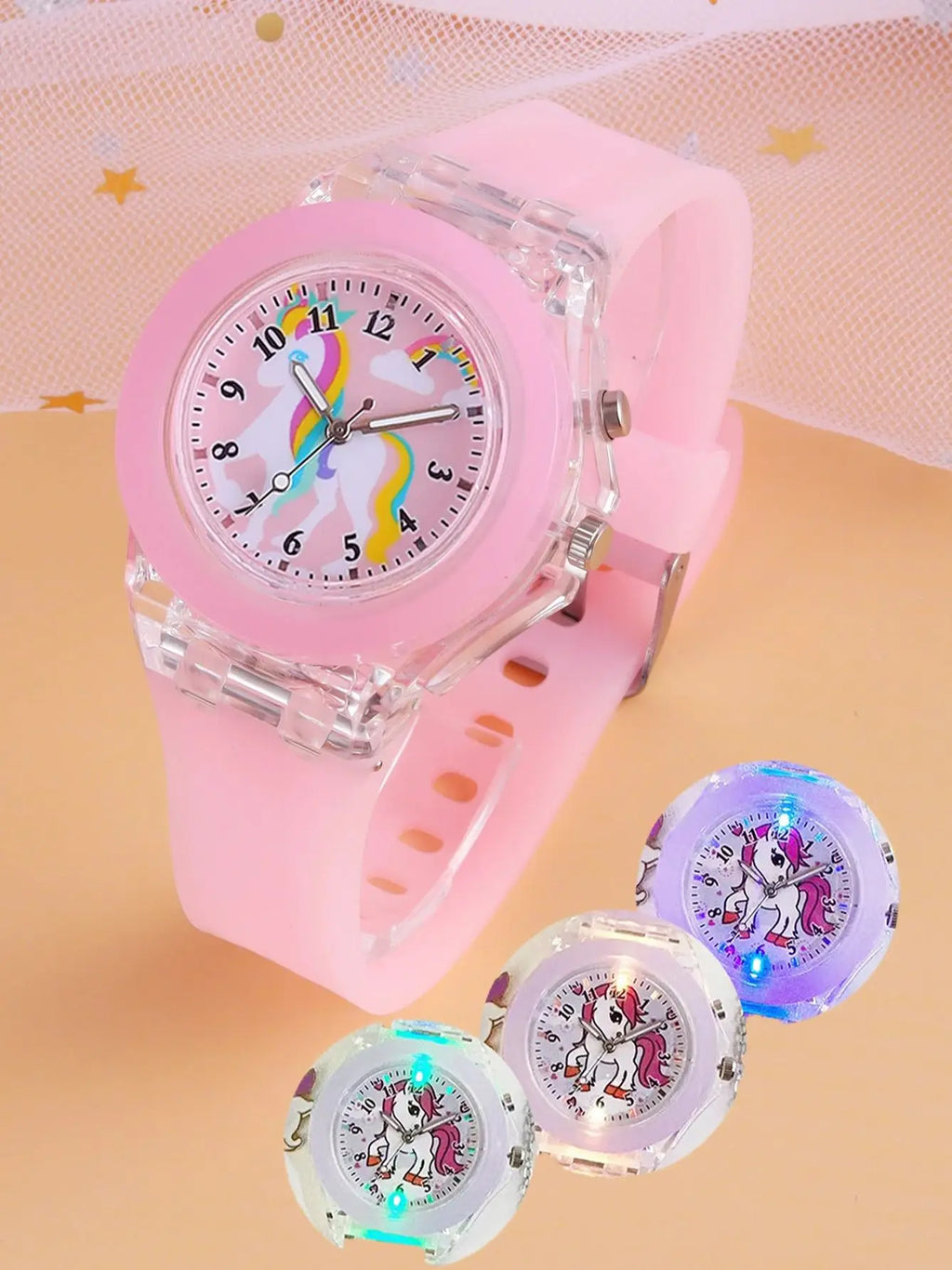 Children's wristwatch set featuring unicorn silicone quartz watch and feather bracelet, emits light, does not include the box