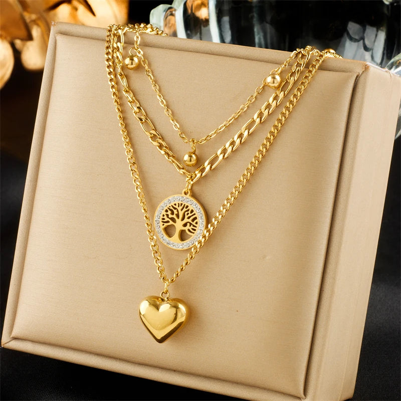 DIEYURO 316L Stainless Steel Gold Color Heart Tree Beads Pendant Necklace For Women Fashion 3in1 Chains Waterproof Girl Jewelry