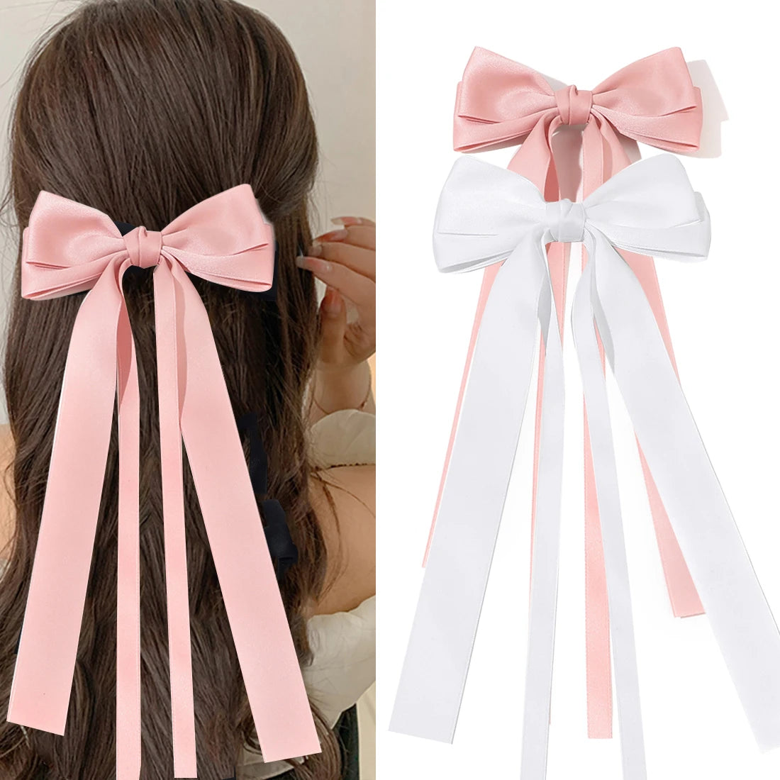 Solid Double Bowknots Hair Clips Women Long Ribbon Bow