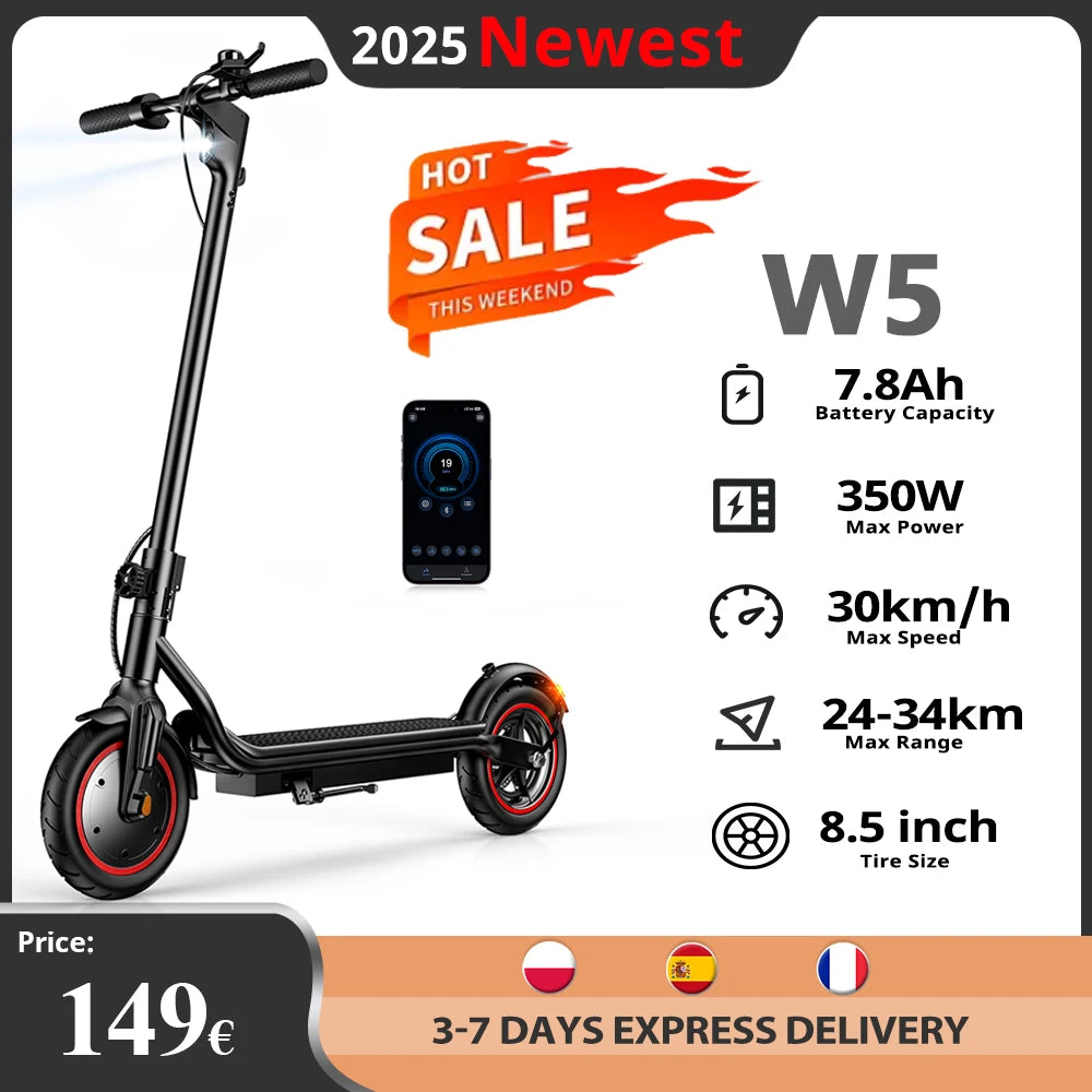 W5 Electric Scooter 350W 36V78Ah 8.5Inch Tire 30KM/H Range 34KM Front Drive Disc Brake Foldable e Scooter With APP Daily Commute