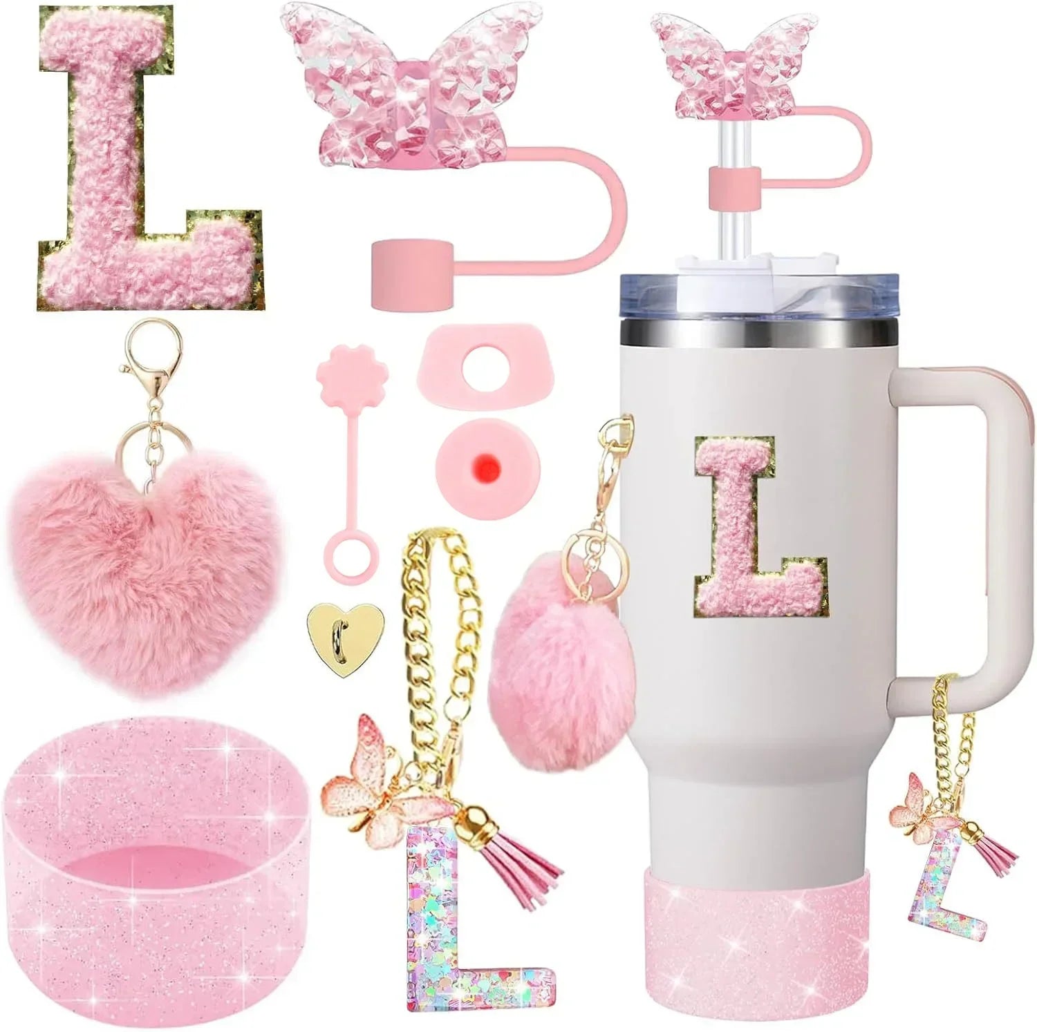 9PCS Accessory Set for Stanley Cup 30oz 40oz Butterfly Straw Cover Cap Silicone Boot Charm Initials Sticker Spill Proof Stopper