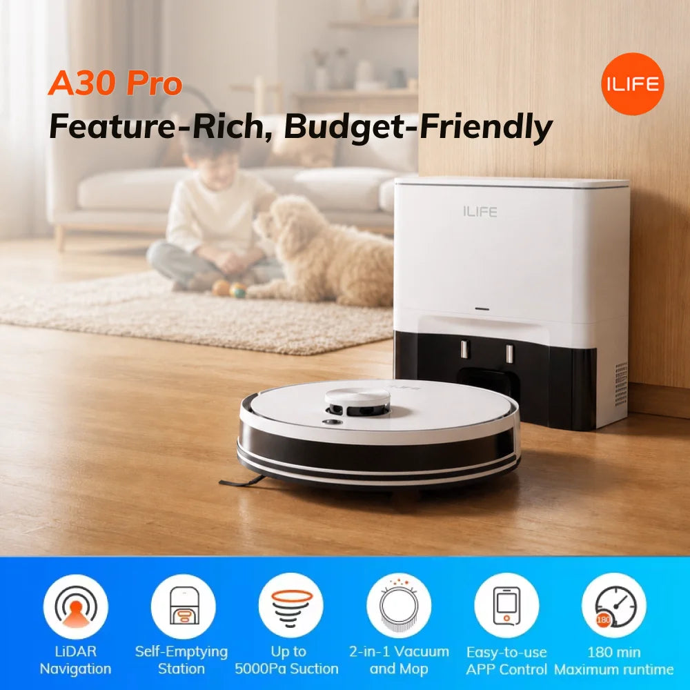 ILIFE A30 Pro Robot Vacuum Cleaner with Automatic Self-Emptying Station, 5000Pa Strong Suction,
