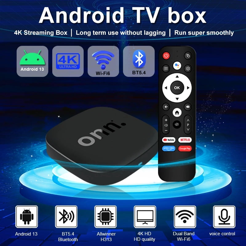 Onn 4K Android 13 Smart TV Box 4K Quad Core Set-Top Box 5G Connectivity 8GB 128G Voice Remote