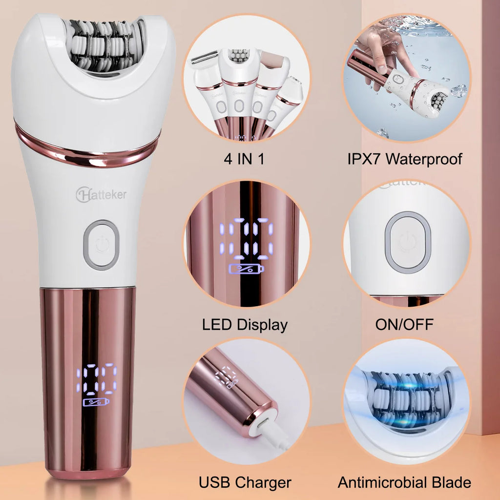 Hatteker 4 in 1 Women’s Hair Remover 7000 RPM for Legs Bikini Face Body Kit Wet / Dry USB Rechargeable IPX7 Waterproof