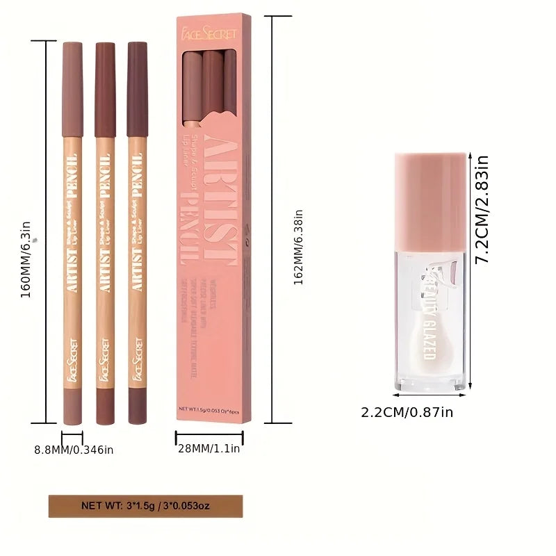 4pcs Matte Lipliner Lip Gloss Combo -Moisturizing Plumping Lip Oil